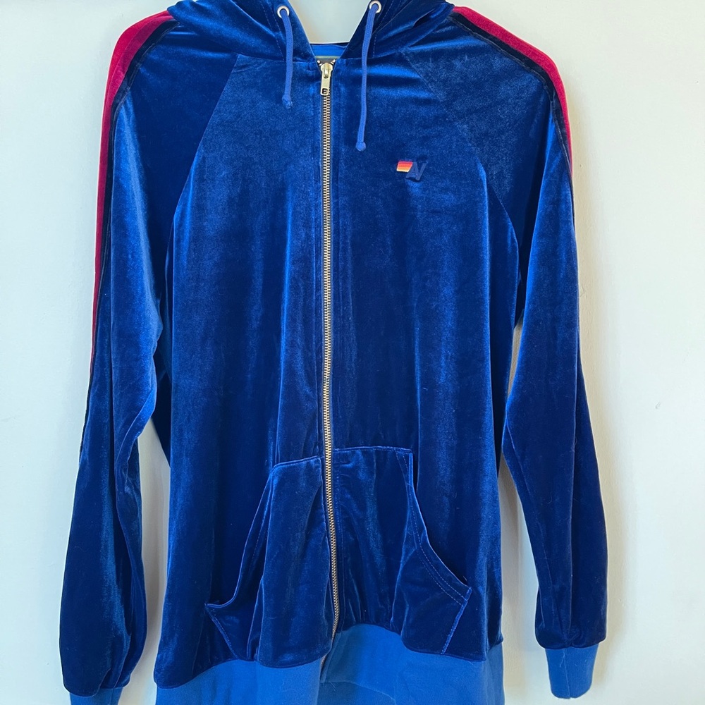 Rare Aviator Nation Blue Velvet Velour Zip-Up Hoodie & Pant Set